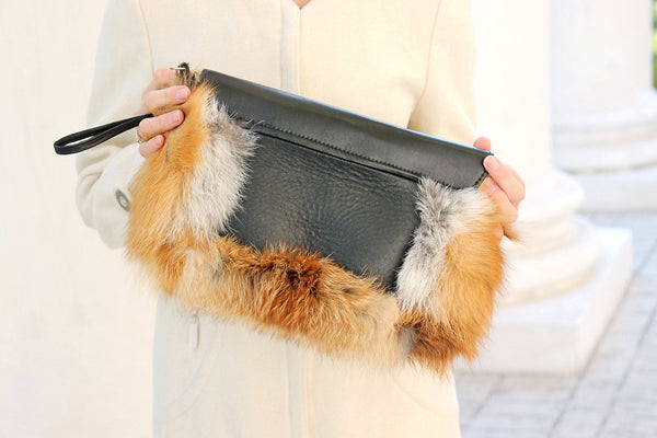 genuine fur clutch with leather details