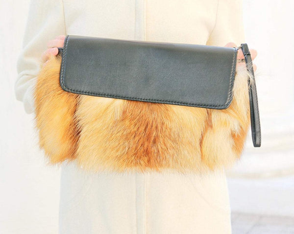 fur clutch with leather