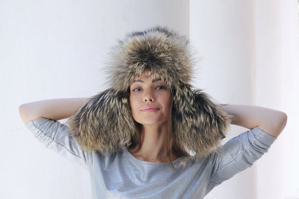 raccoon fur hat with earflaps